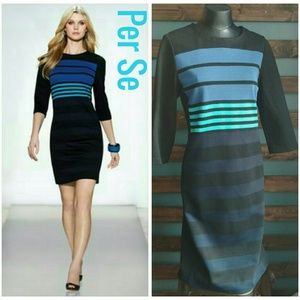 Black dress with various blue stripes